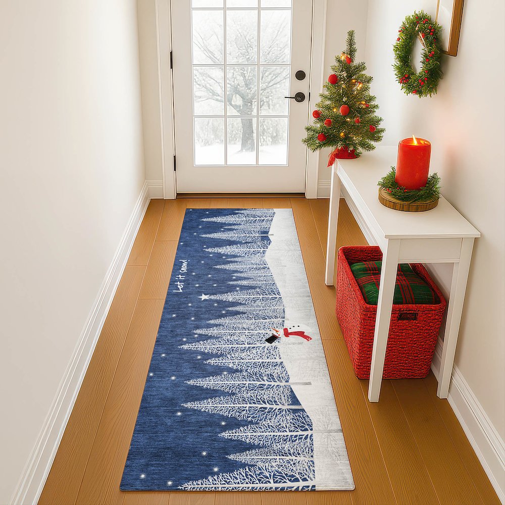 Luxury Washable Indoor/Outdoor Merry & Bright Navy 2'3" x 7'6" Runner Rug. Picture 5