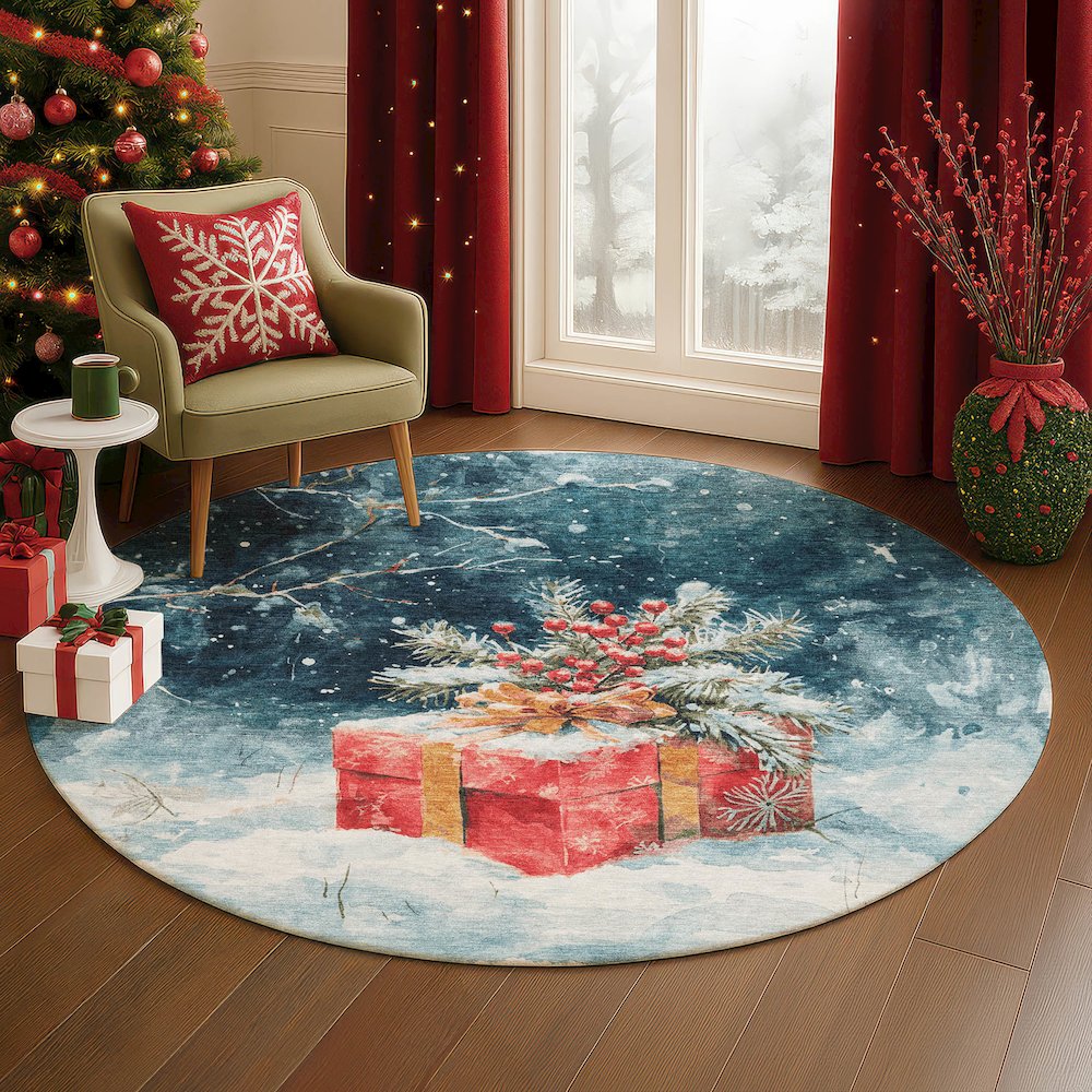 Luxury Washable Indoor/Outdoor Merry & Bright Blue 8' x 8' Round Rug. Picture 5