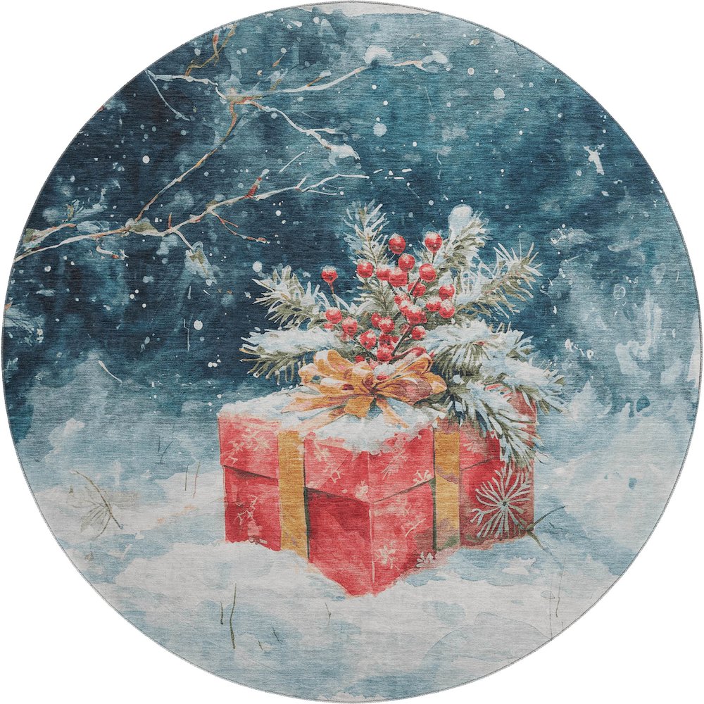 Luxury Washable Indoor/Outdoor Merry & Bright Blue 8' x 8' Round Rug. Picture 1