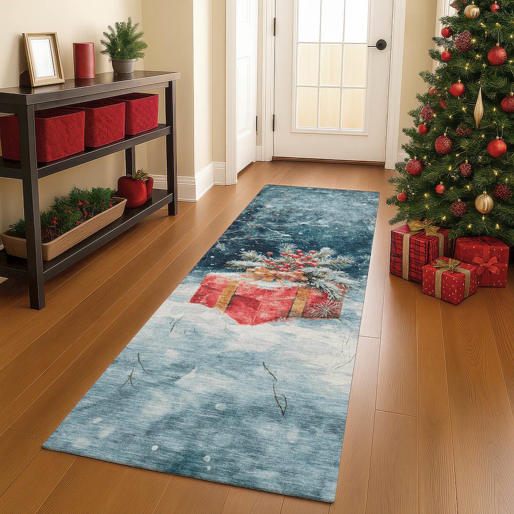 Luxury Washable Indoor/Outdoor Merry & Bright Blue 2'3" x 7'6" Runner Rug. Picture 5