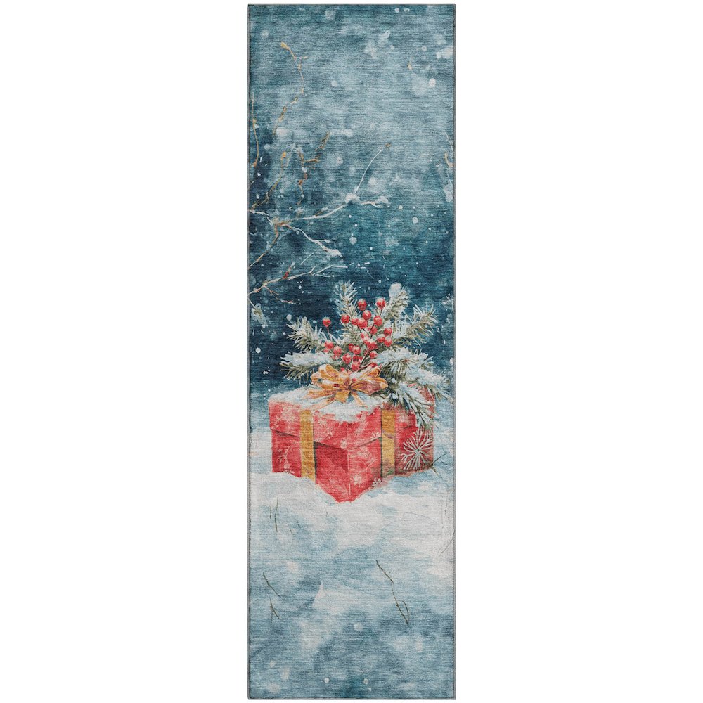 Luxury Washable Indoor/Outdoor Merry & Bright Blue 2'3" x 7'6" Runner Rug. Picture 1