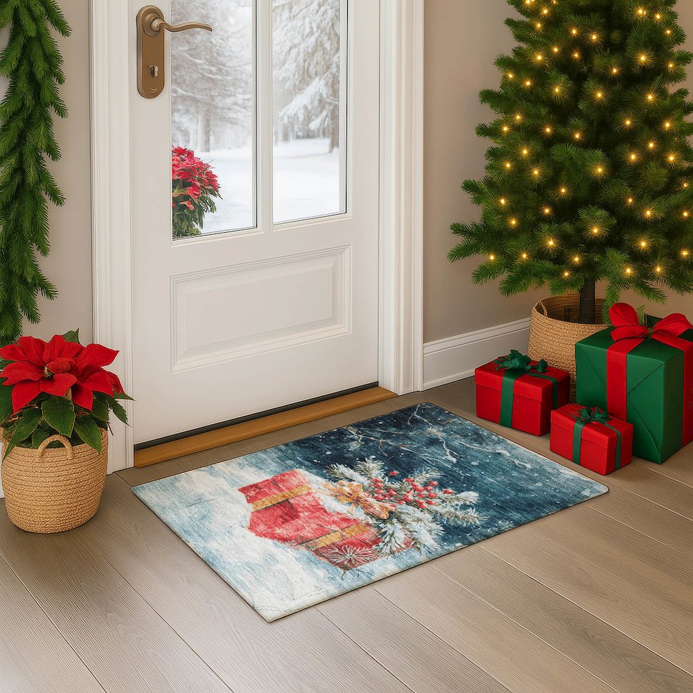 Luxury Washable Indoor/Outdoor Merry & Bright Blue 1'8" x 2'6" Rug. Picture 5