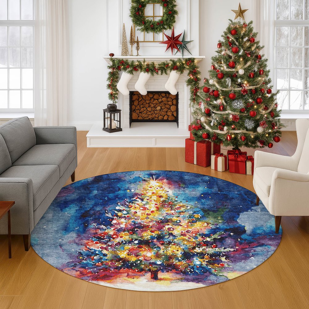 Luxury Washable Indoor/Outdoor Merry & Bright Navy 8' x 8' Round Rug. Picture 5