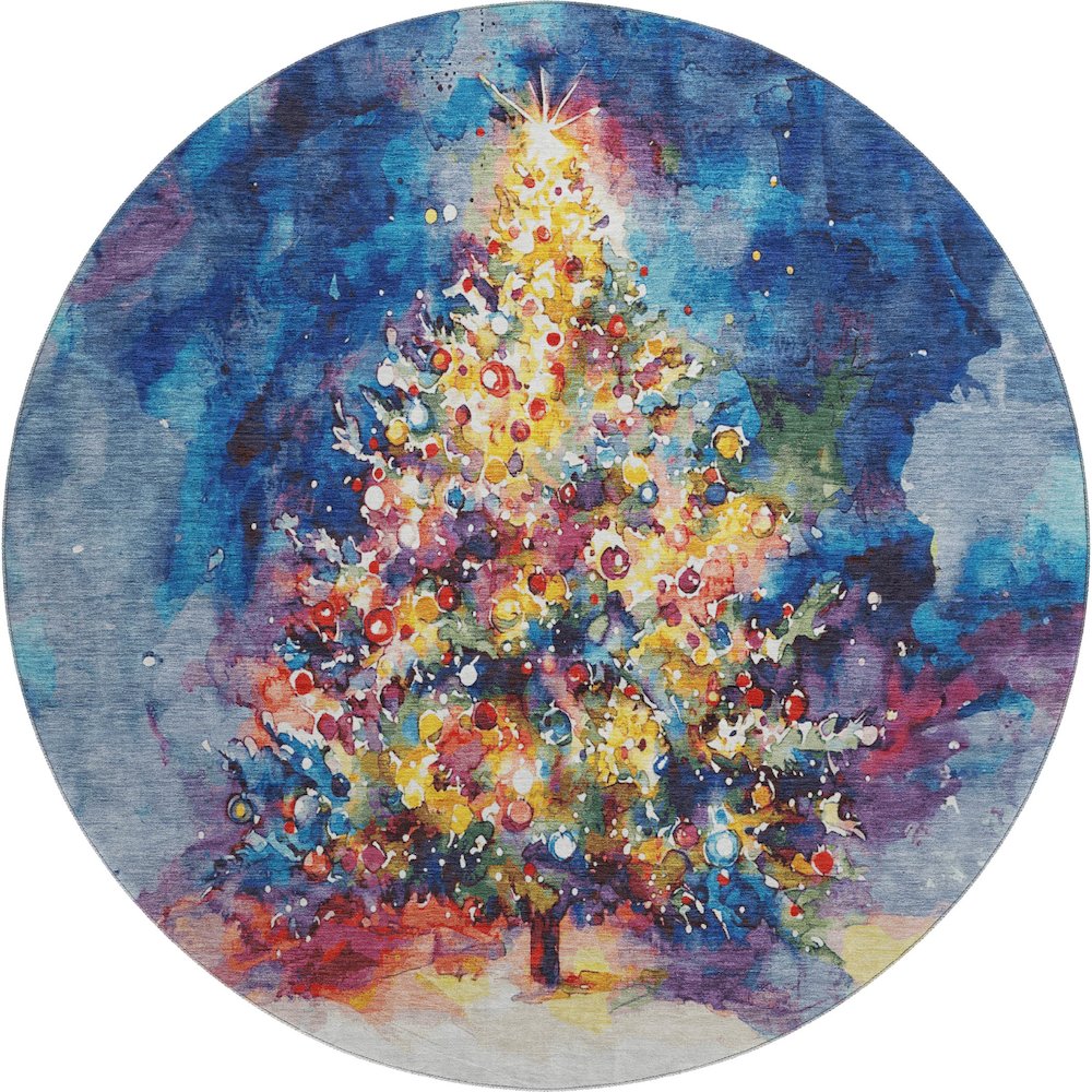 Luxury Washable Indoor/Outdoor Merry & Bright Navy 8' x 8' Round Rug. Picture 1