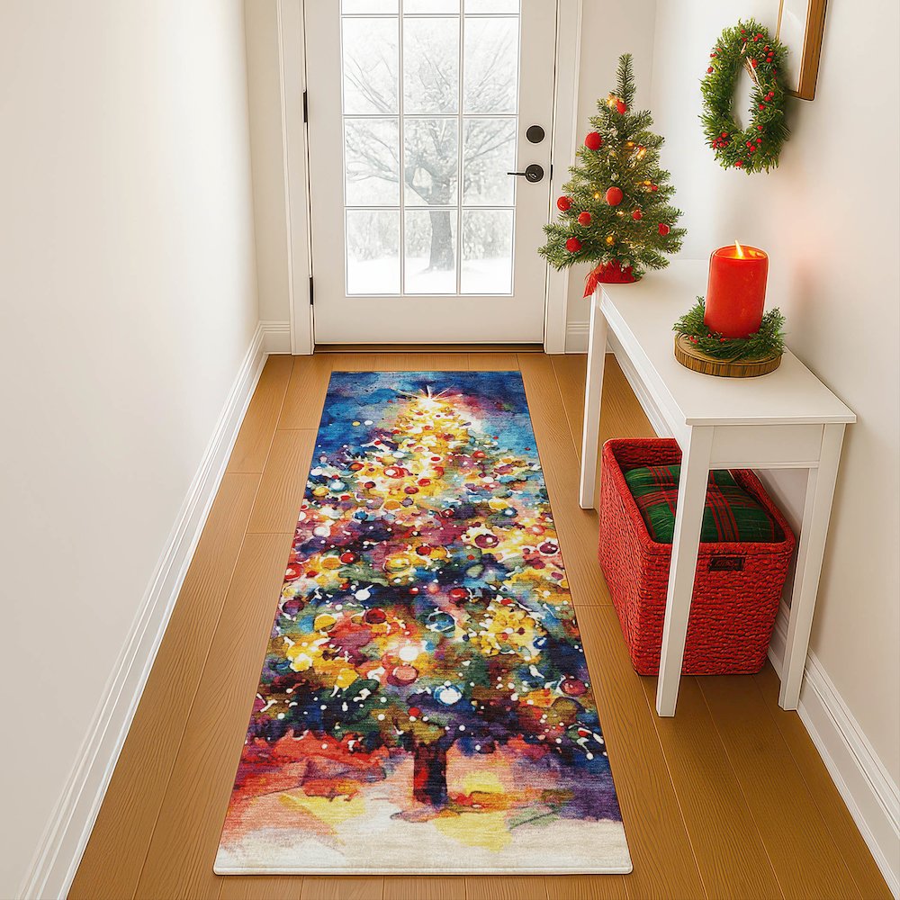 Luxury Washable Indoor/Outdoor Merry & Bright Navy 2'3" x 7'6" Runner Rug. Picture 5
