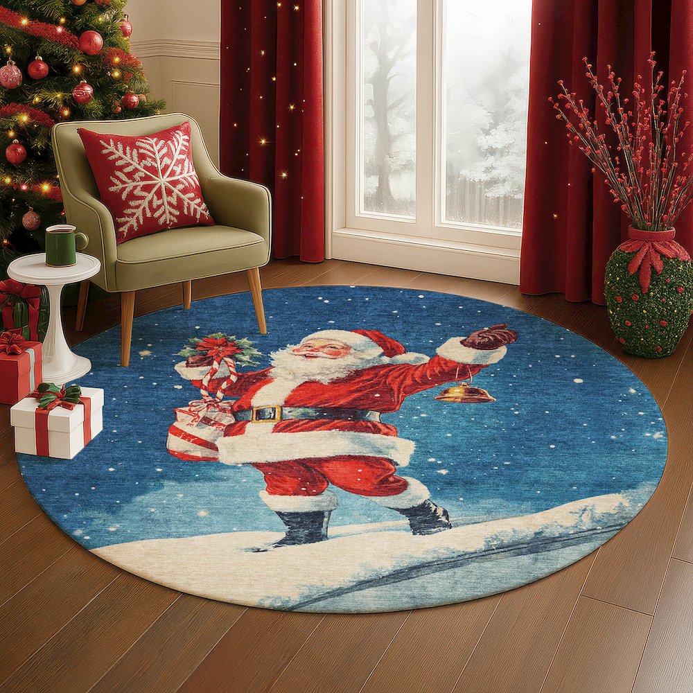 Luxury Washable Indoor/Outdoor Merry & Bright Blue 8' x 8' Round Rug. Picture 5
