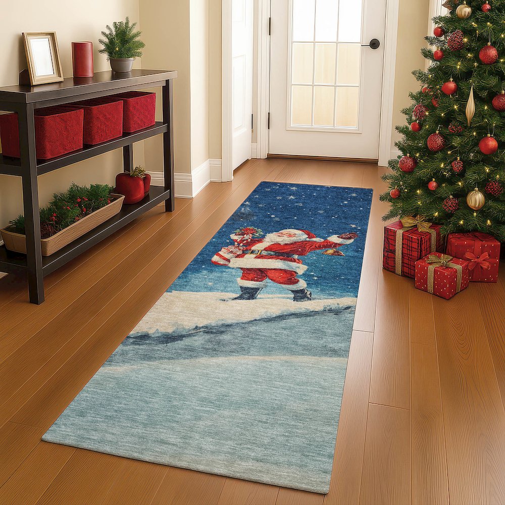 Luxury Washable Indoor/Outdoor Merry & Bright Blue 2'3" x 7'6" Runner Rug. Picture 5