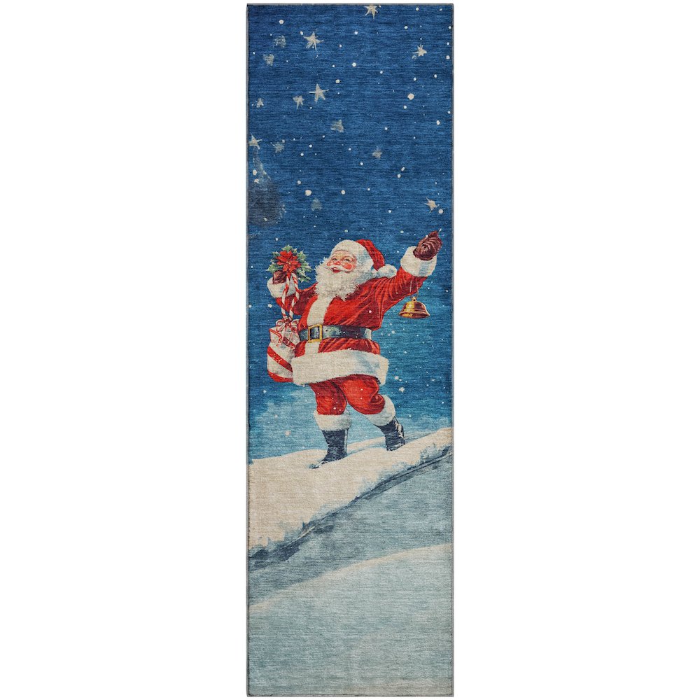 Luxury Washable Indoor/Outdoor Merry & Bright Blue 2'3" x 7'6" Runner Rug. Picture 1