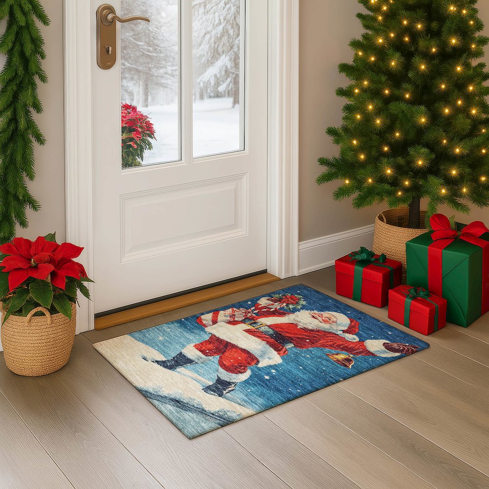 Luxury Washable Indoor/Outdoor Merry & Bright Blue 1'8" x 2'6" Rug. Picture 5