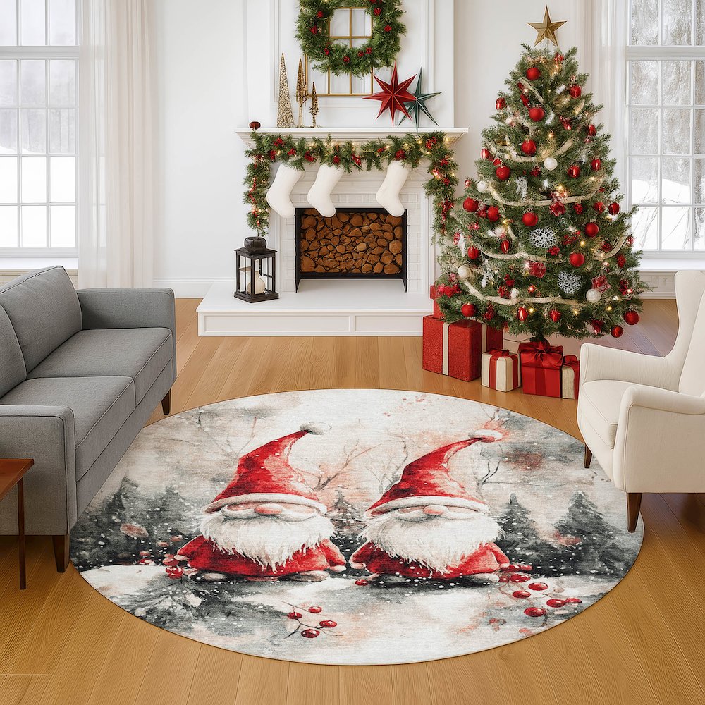 Luxury Washable Indoor/Outdoor Merry & Bright Ivory 8' x 8' Round Rug. Picture 5