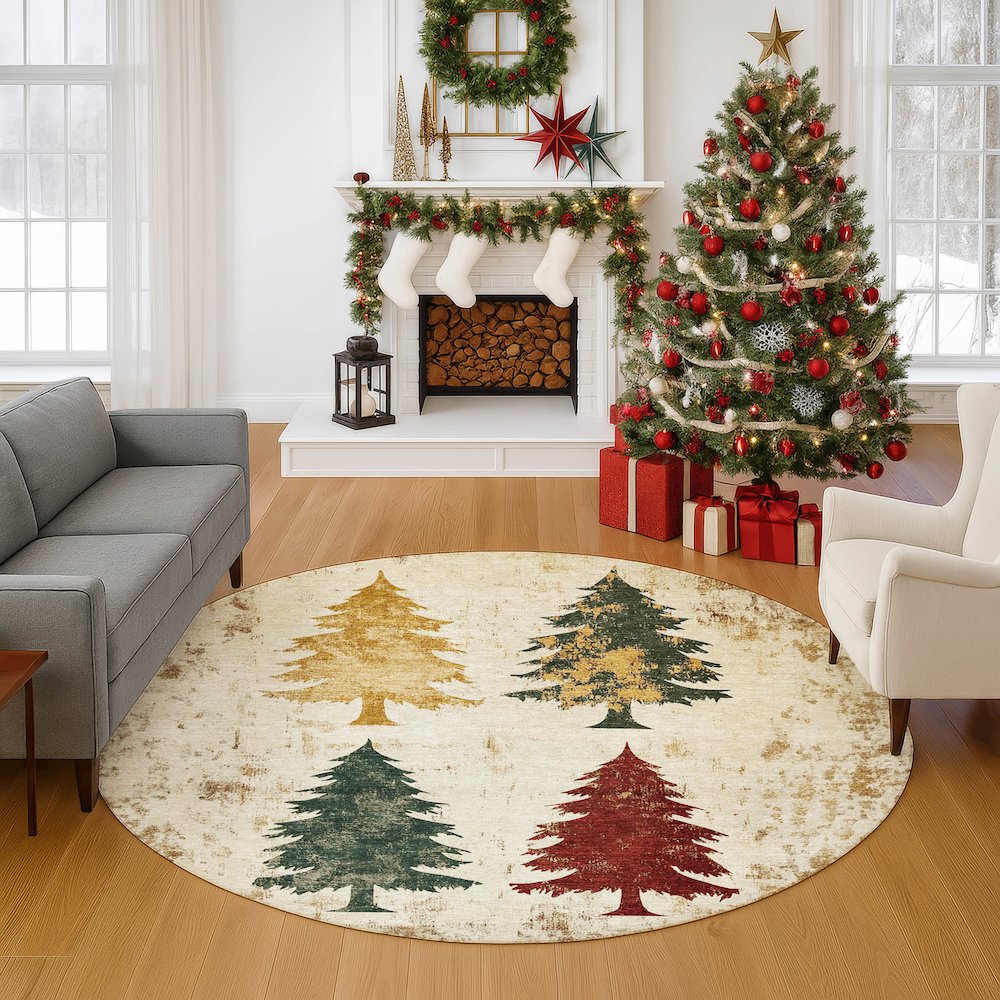 Luxury Washable Indoor/Outdoor Merry & Bright Ivory 8' x 8' Round Rug. Picture 5
