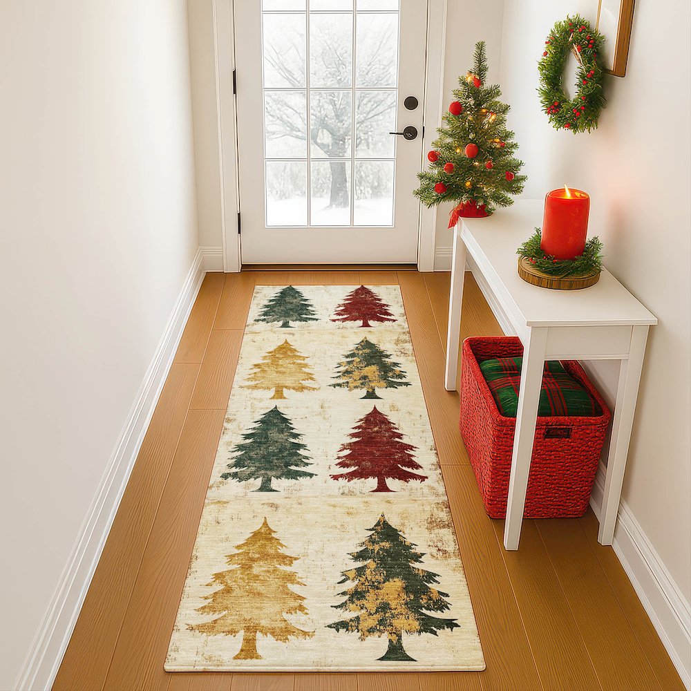 Luxury Washable Indoor/Outdoor Merry & Bright Ivory 2'3" x 7'6" Runner Rug. Picture 5