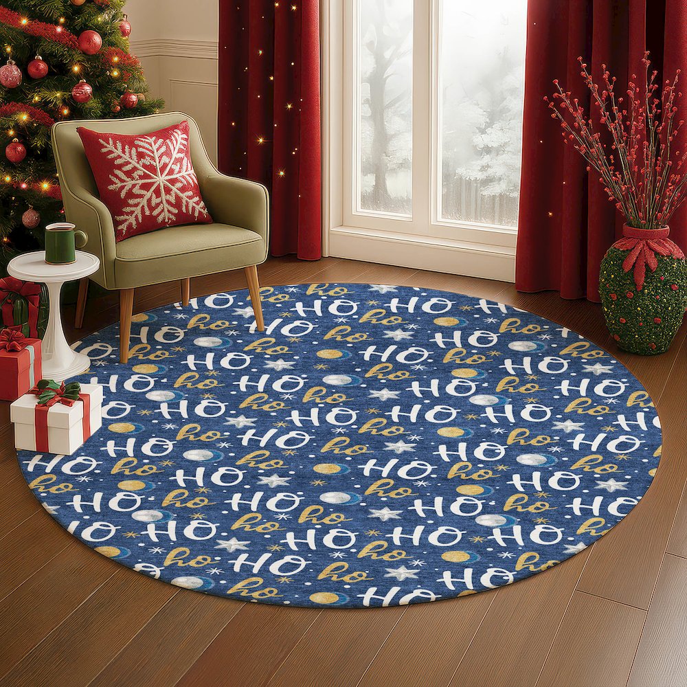 Luxury Washable Indoor/Outdoor Merry & Bright Navy 8' x 8' Round Rug. Picture 5