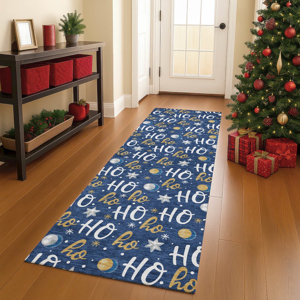 Luxury Washable Indoor/Outdoor Merry & Bright Navy 2'3" x 7'6" Runner Rug. Picture 5