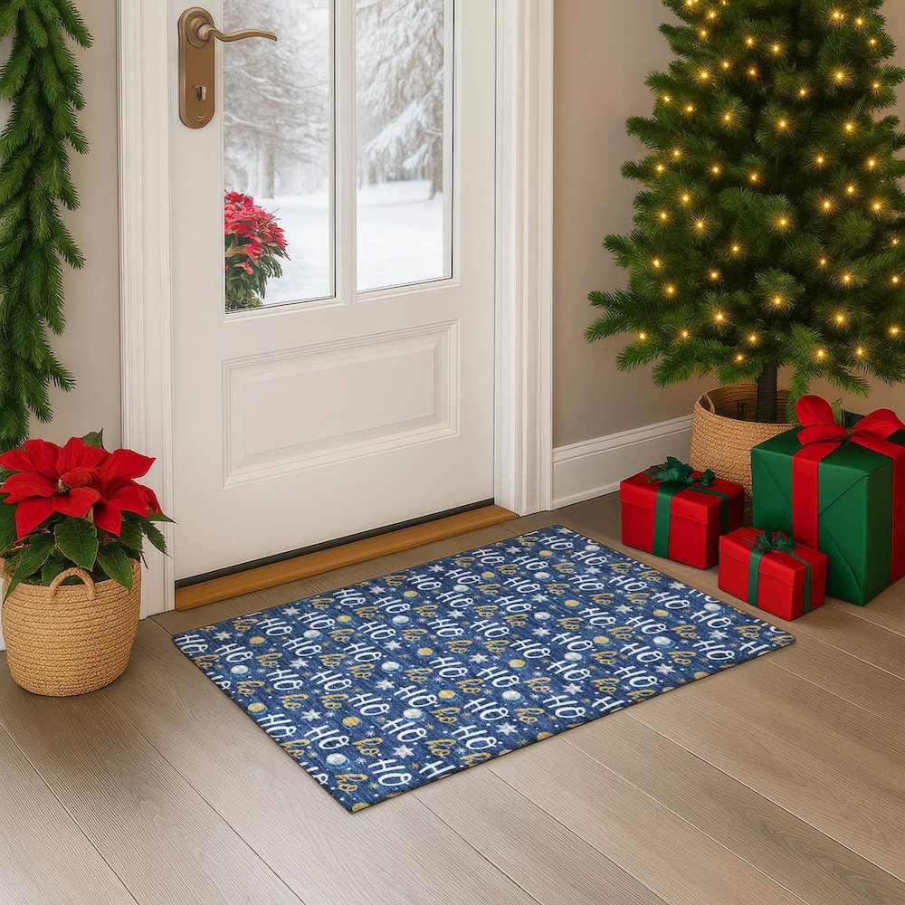 Luxury Washable Indoor/Outdoor Merry & Bright Navy 1'8" x 2'6" Rug. Picture 5