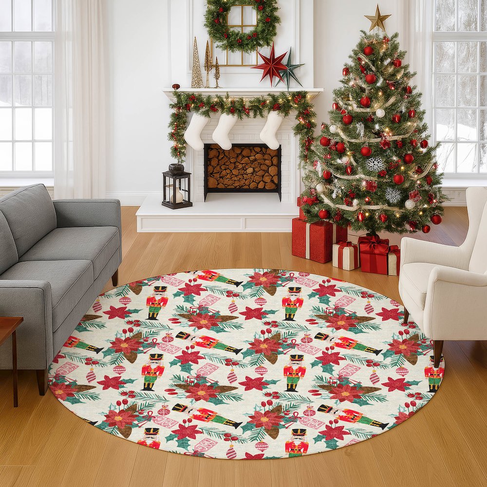 Luxury Washable Indoor/Outdoor Merry & Bright Ivory 8' x 8' Round Rug. Picture 5