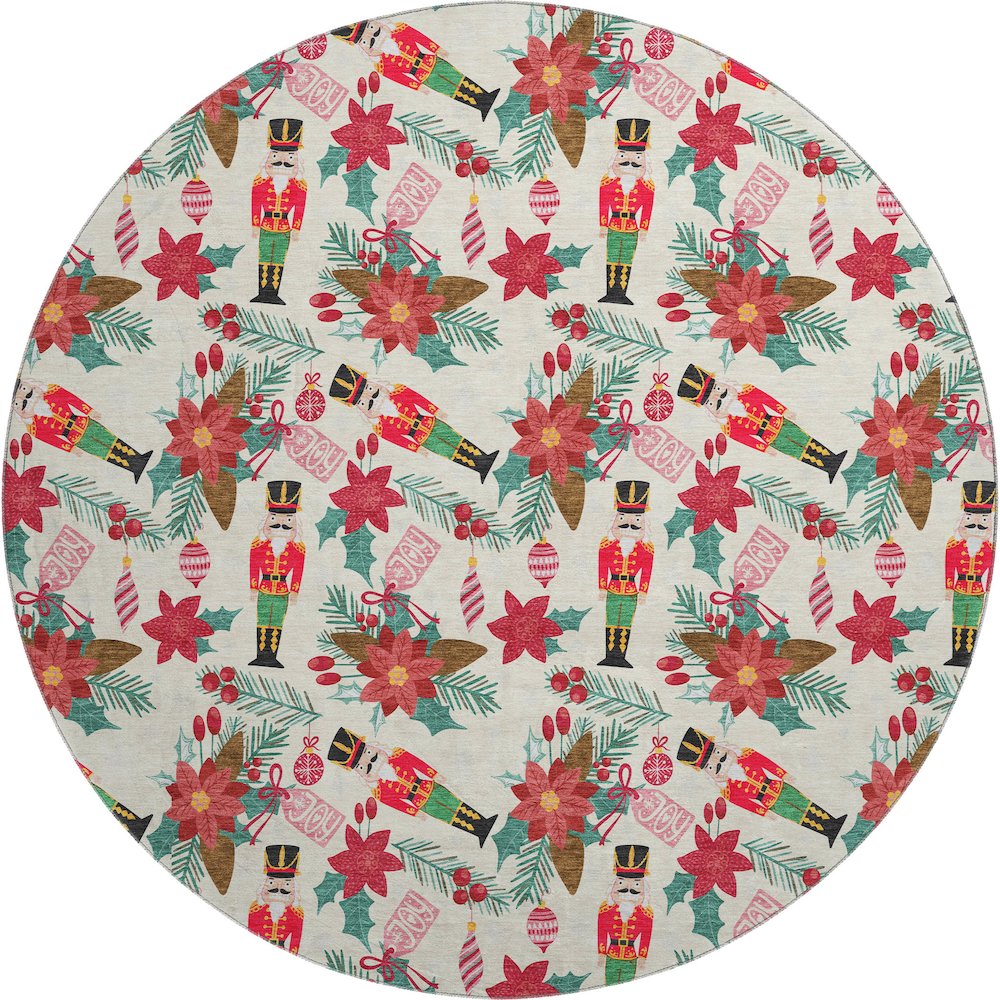 Luxury Washable Indoor/Outdoor Merry & Bright Ivory 8' x 8' Round Rug. Picture 1