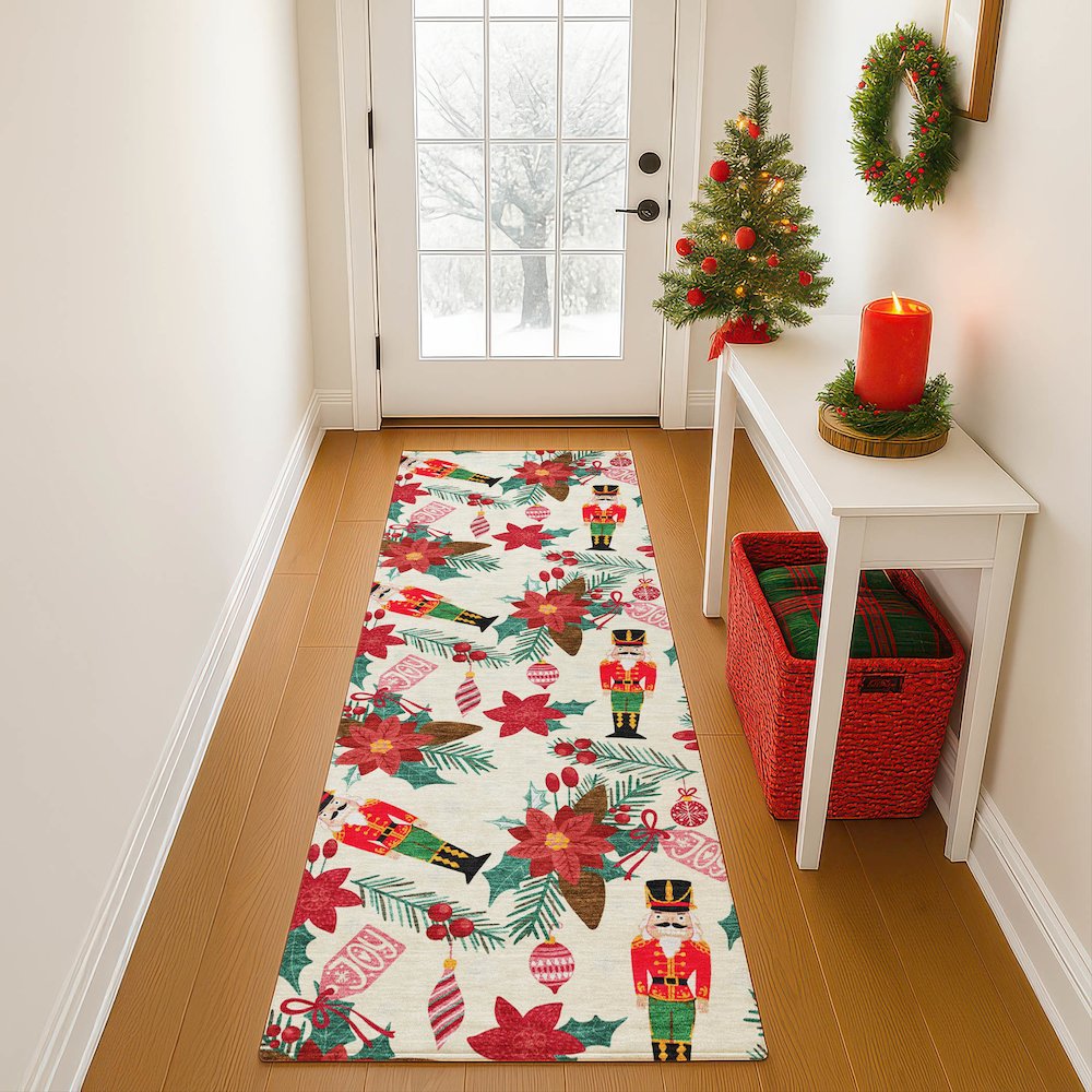 Luxury Washable Indoor/Outdoor Merry & Bright Ivory 2'3" x 7'6" Runner Rug. Picture 5