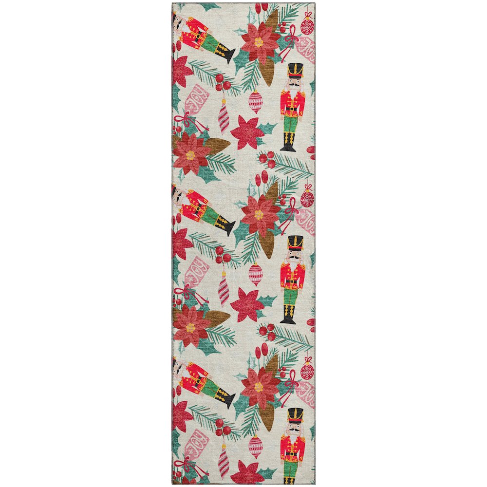 Luxury Washable Indoor/Outdoor Merry & Bright Ivory 2'3" x 7'6" Runner Rug. Picture 1