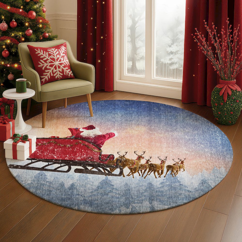 Luxury Washable Indoor/Outdoor Merry & Bright Twilight 8' x 8' Round Rug. Picture 5