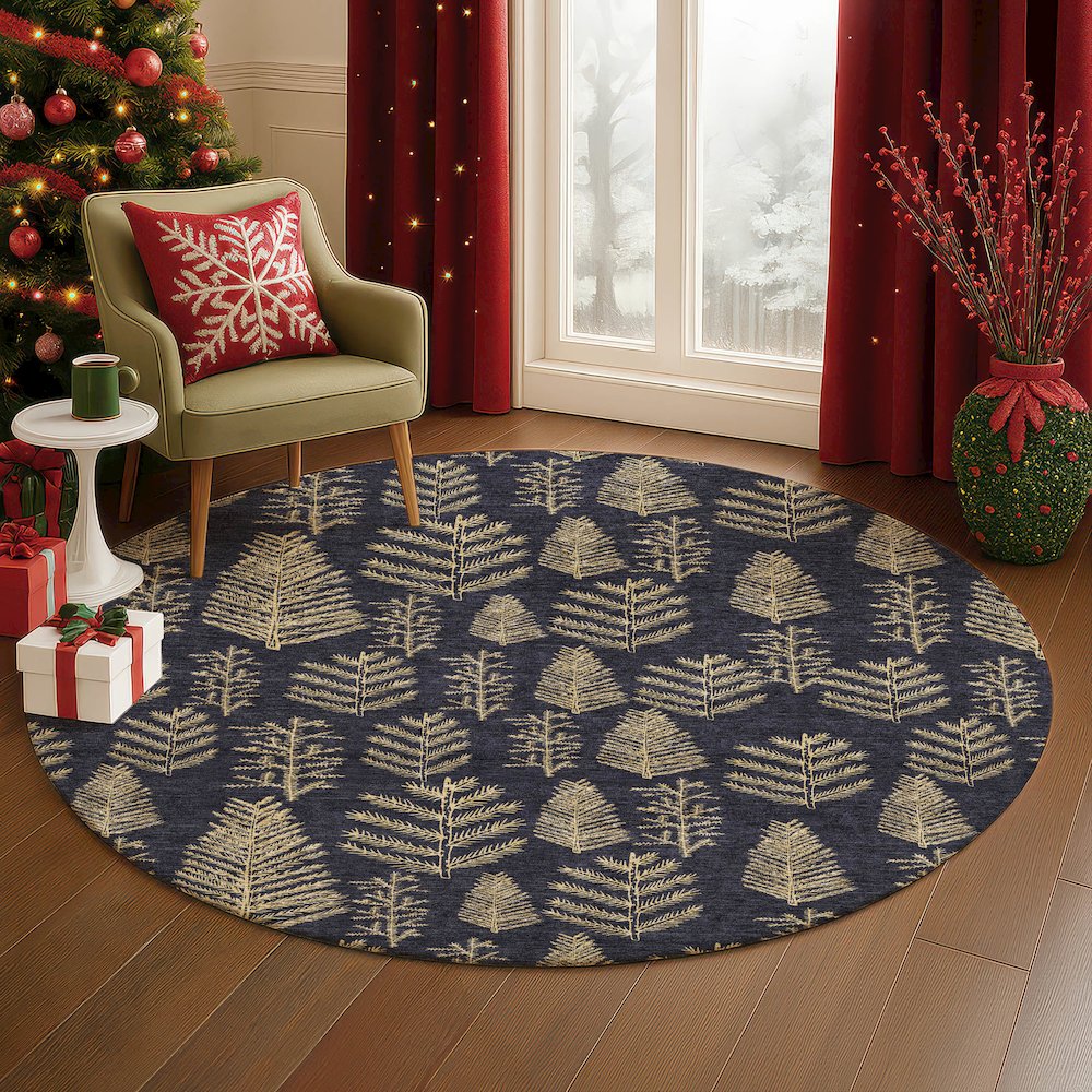 Luxury Washable Indoor/Outdoor Merry & Bright Black 8' x 8' Round Rug. Picture 5