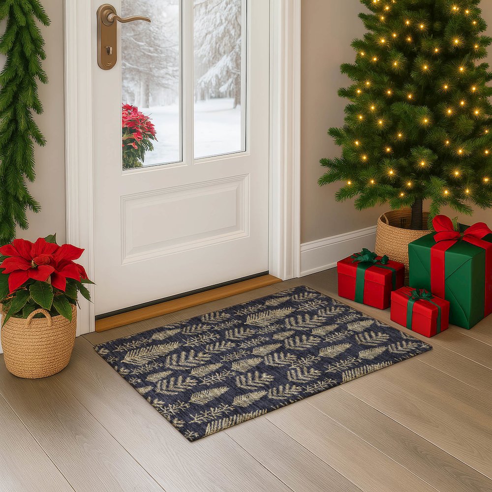 Luxury Washable Indoor/Outdoor Merry & Bright Black 1'8" x 2'6" Rug. Picture 5