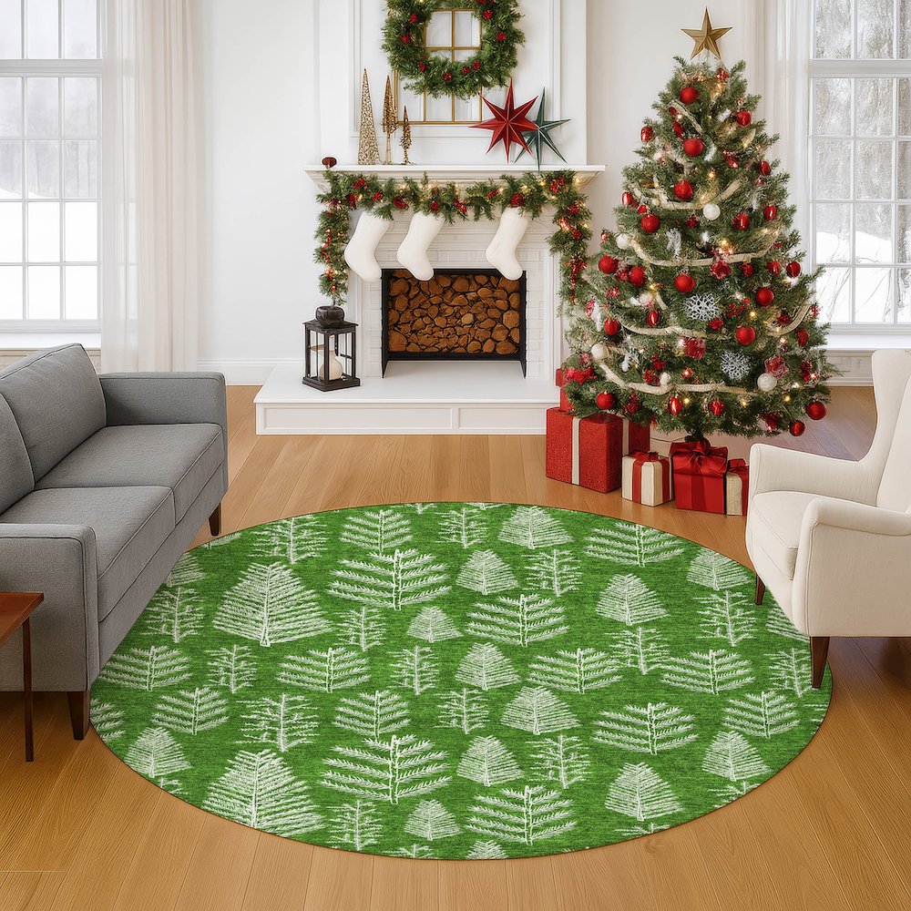 Luxury Washable Indoor/Outdoor Merry & Bright Green 8' x 8' Round Rug. Picture 5