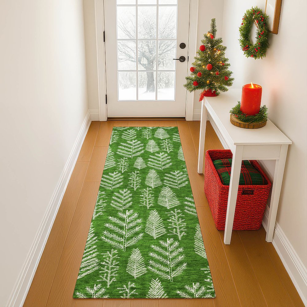 Luxury Washable Indoor/Outdoor Merry & Bright Green 2'3" x 7'6" Runner Rug. Picture 5
