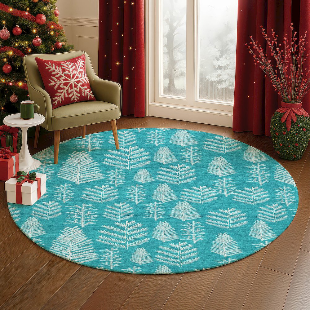 Luxury Washable Indoor/Outdoor Merry & Bright Teal 8' x 8' Round Rug. Picture 5