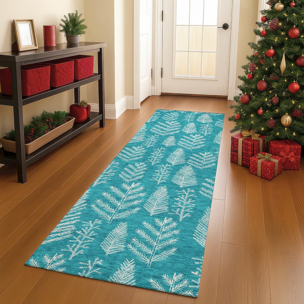 Luxury Washable Indoor/Outdoor Merry & Bright Teal 2'3" x 7'6" Runner Rug. Picture 5