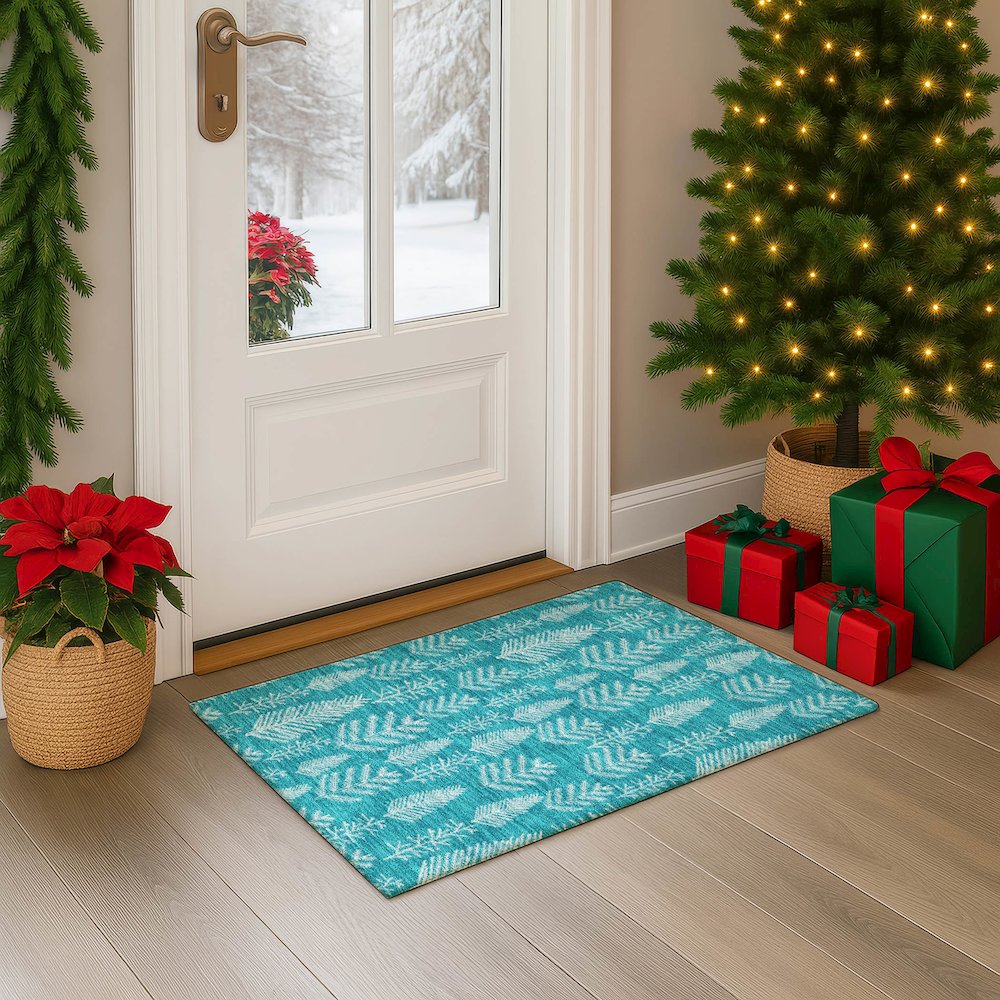 Luxury Washable Indoor/Outdoor Merry & Bright Teal 1'8" x 2'6" Rug. Picture 5