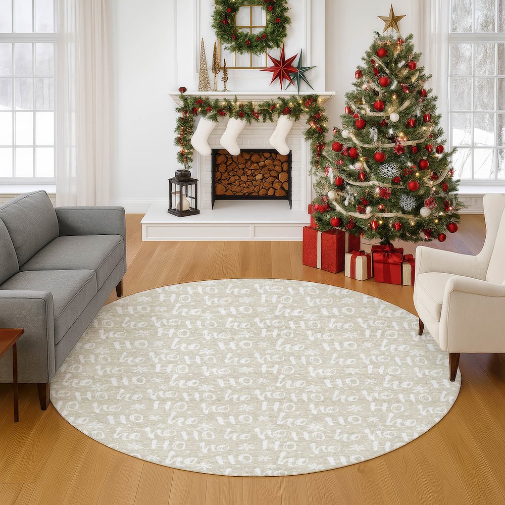 Luxury Washable Indoor/Outdoor Merry & Bright Beige 8' x 8' Round Rug. Picture 5