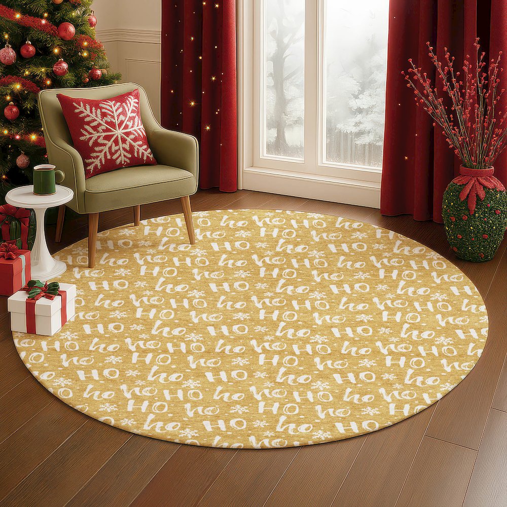 Luxury Washable Indoor/Outdoor Merry & Bright Gold 8' x 8' Round Rug. Picture 5