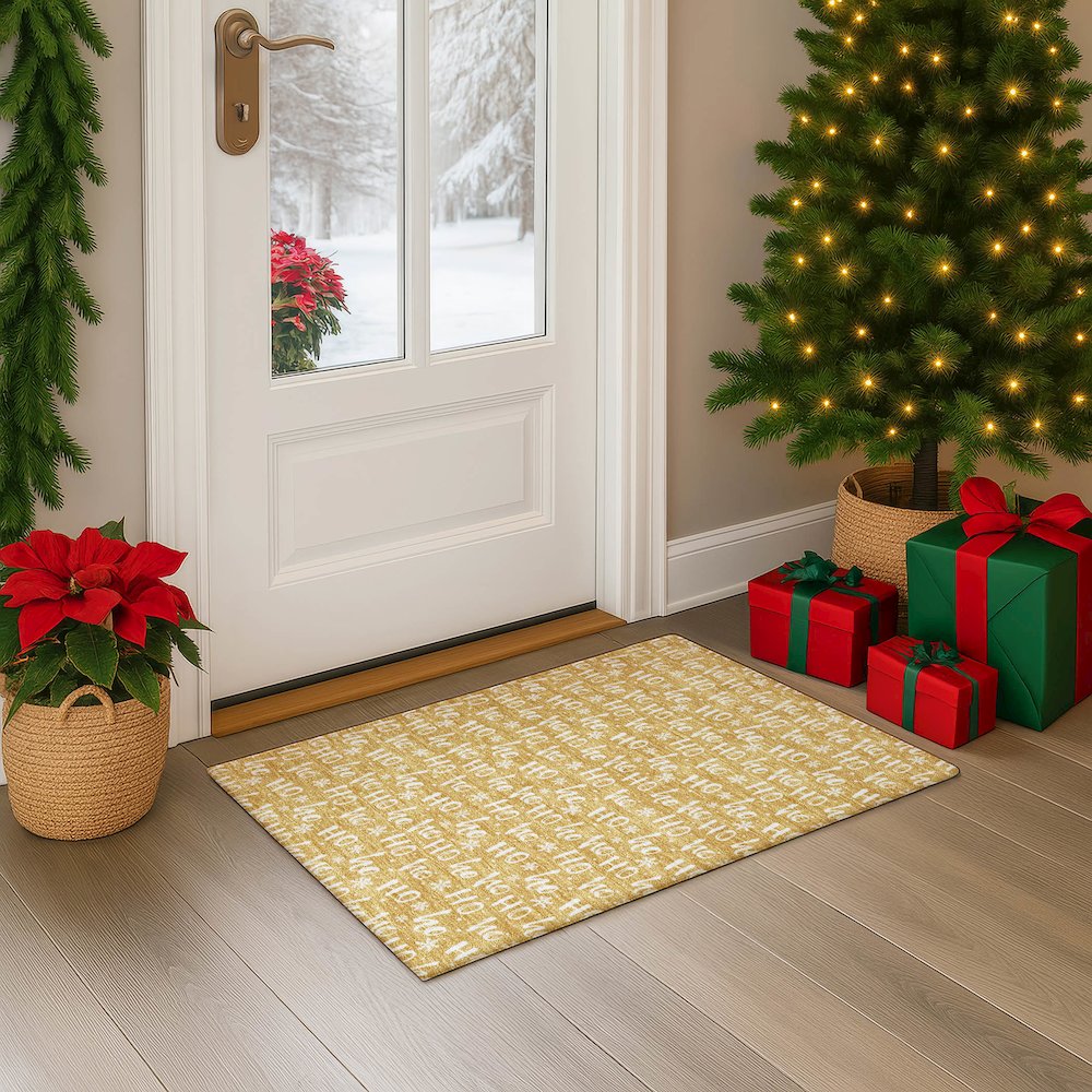 Luxury Washable Indoor/Outdoor Merry & Bright Gold 1'8" x 2'6" Rug. Picture 5