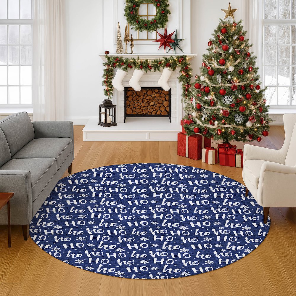 Luxury Washable Indoor/Outdoor Merry & Bright Navy 8' x 8' Round Rug. Picture 5