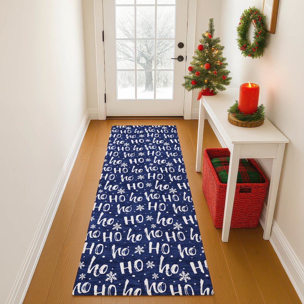 Luxury Washable Indoor/Outdoor Merry & Bright Navy 2'3" x 7'6" Runner Rug. Picture 5