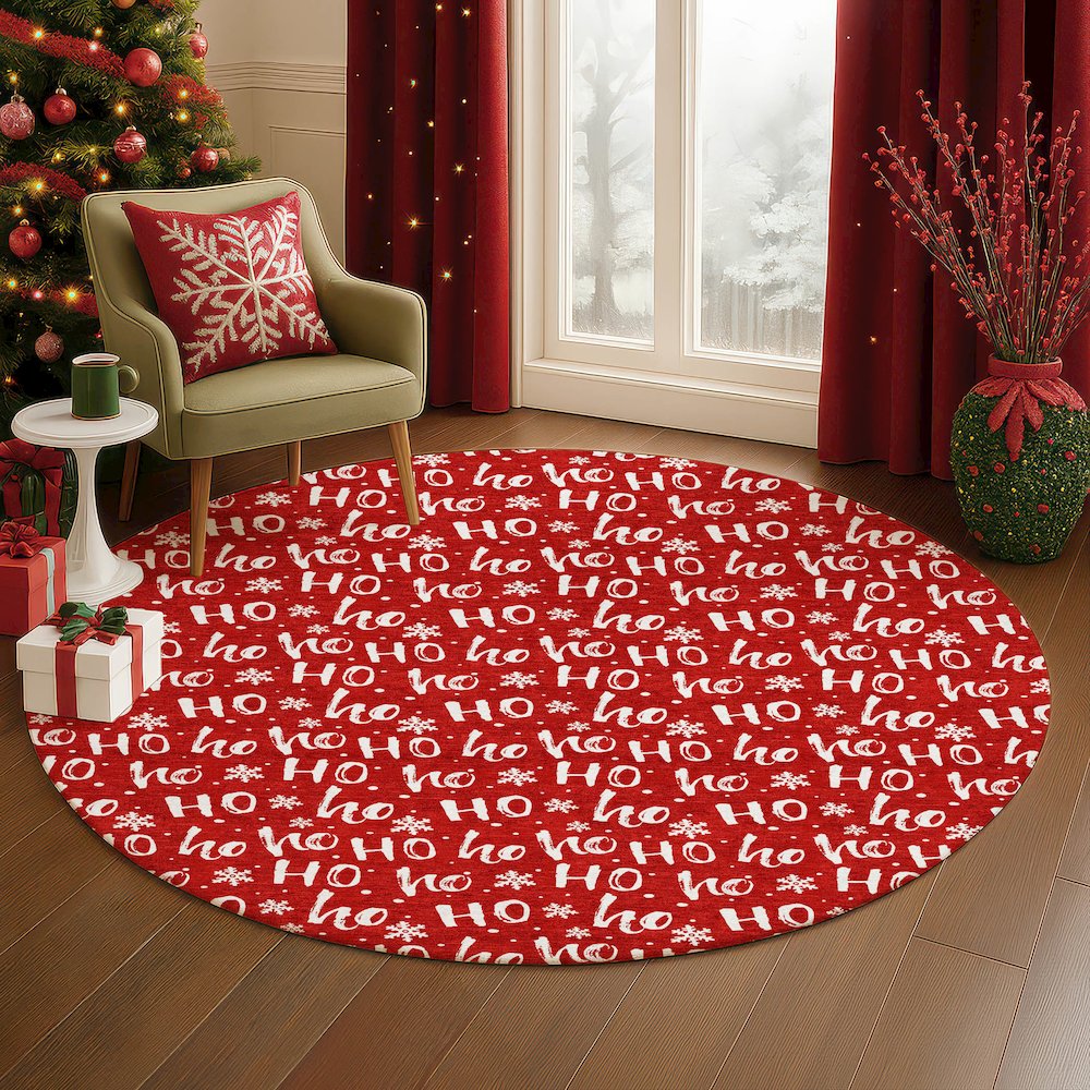 Luxury Washable Indoor/Outdoor Merry & Bright Red 8' x 8' Round Rug. Picture 5