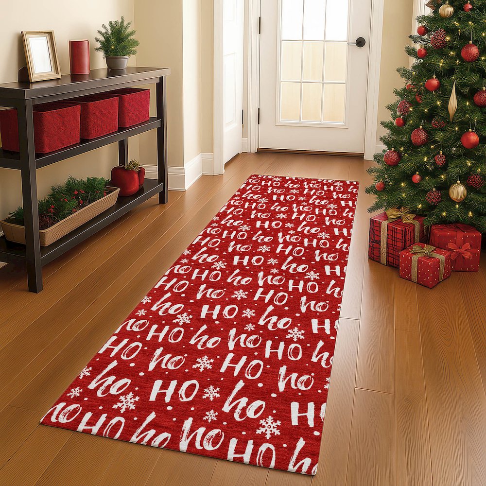Luxury Washable Indoor/Outdoor Merry & Bright Red 2'3" x 7'6" Runner Rug. Picture 5
