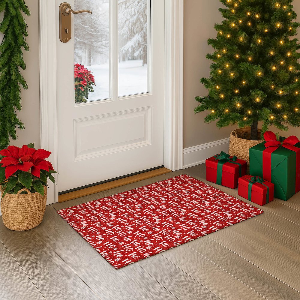 Luxury Washable Indoor/Outdoor Merry & Bright Red 1'8" x 2'6" Rug. Picture 5