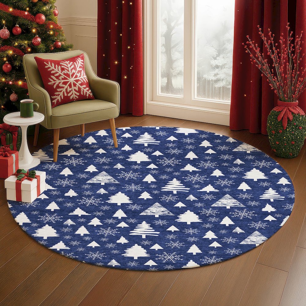 Luxury Washable Indoor/Outdoor Merry & Bright Navy 8' x 8' Round Rug. Picture 5