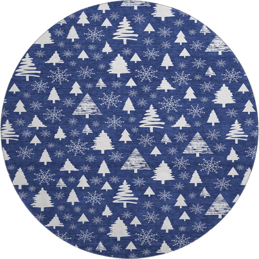 Luxury Washable Indoor/Outdoor Merry & Bright Navy 8' x 8' Round Rug. Picture 1