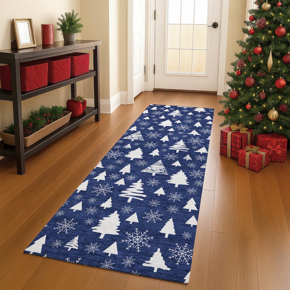Luxury Washable Indoor/Outdoor Merry & Bright Navy 2'3" x 7'6" Runner Rug. Picture 5