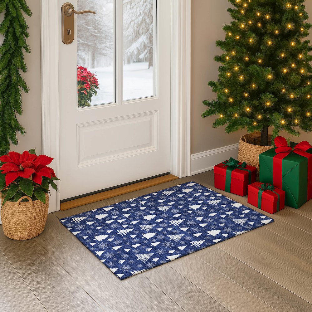 Luxury Washable Indoor/Outdoor Merry & Bright Navy 1'8" x 2'6" Rug. Picture 5