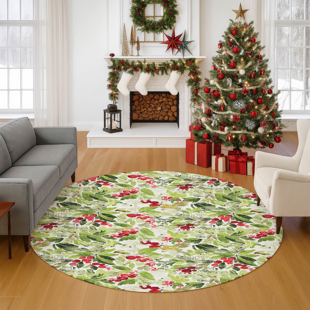 Luxury Washable Indoor/Outdoor Merry & Bright Aloe 8' x 8' Round Rug. Picture 5