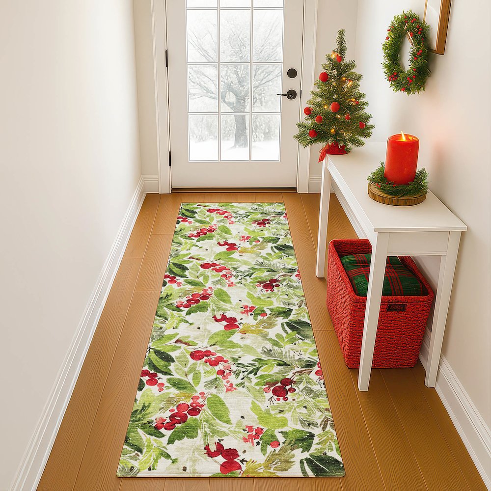 Luxury Washable Indoor/Outdoor Merry & Bright Aloe 2'3" x 7'6" Runner Rug. Picture 5