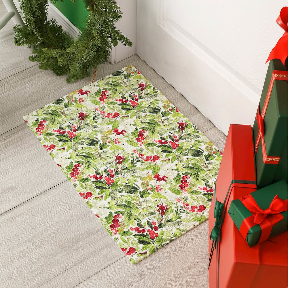 Luxury Washable Indoor/Outdoor Merry & Bright Aloe 1'8" x 2'6" Rug. Picture 5