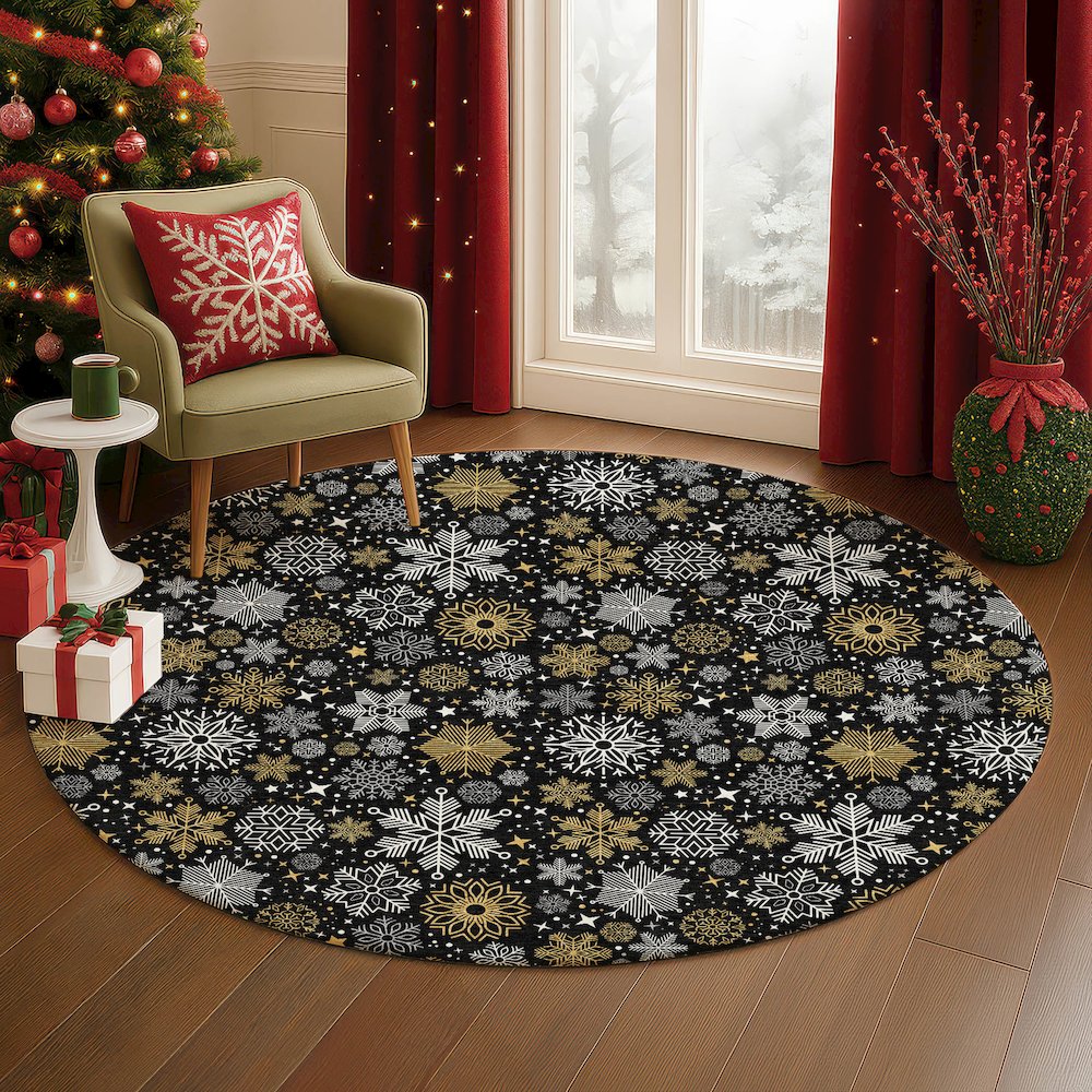 Luxury Washable Indoor/Outdoor Merry & Bright Black 8' x 8' Round Rug. Picture 5