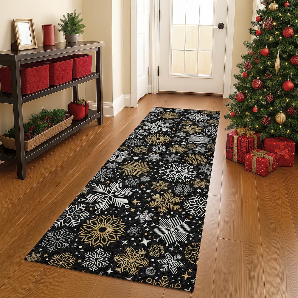 Luxury Washable Indoor/Outdoor Merry & Bright Black 2'3" x 7'6" Runner Rug. Picture 5