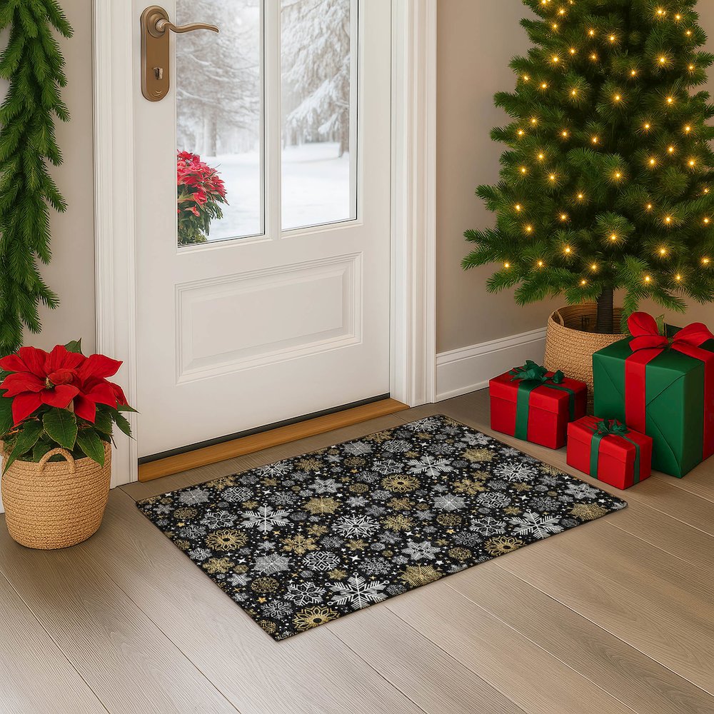 Luxury Washable Indoor/Outdoor Merry & Bright Black 1'8" x 2'6" Rug. Picture 5
