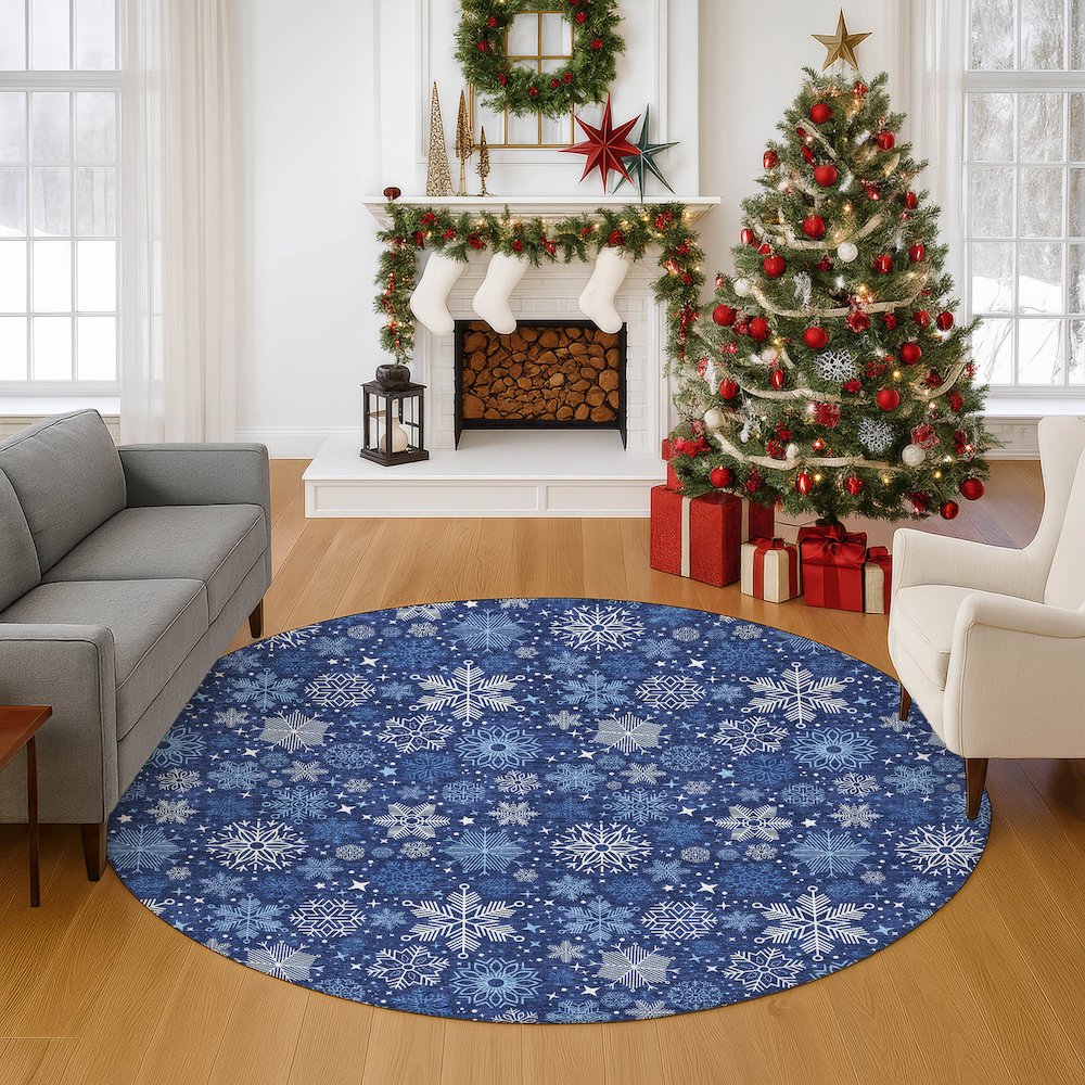 Luxury Washable Indoor/Outdoor Merry & Bright Navy 8' x 8' Round Rug. Picture 5